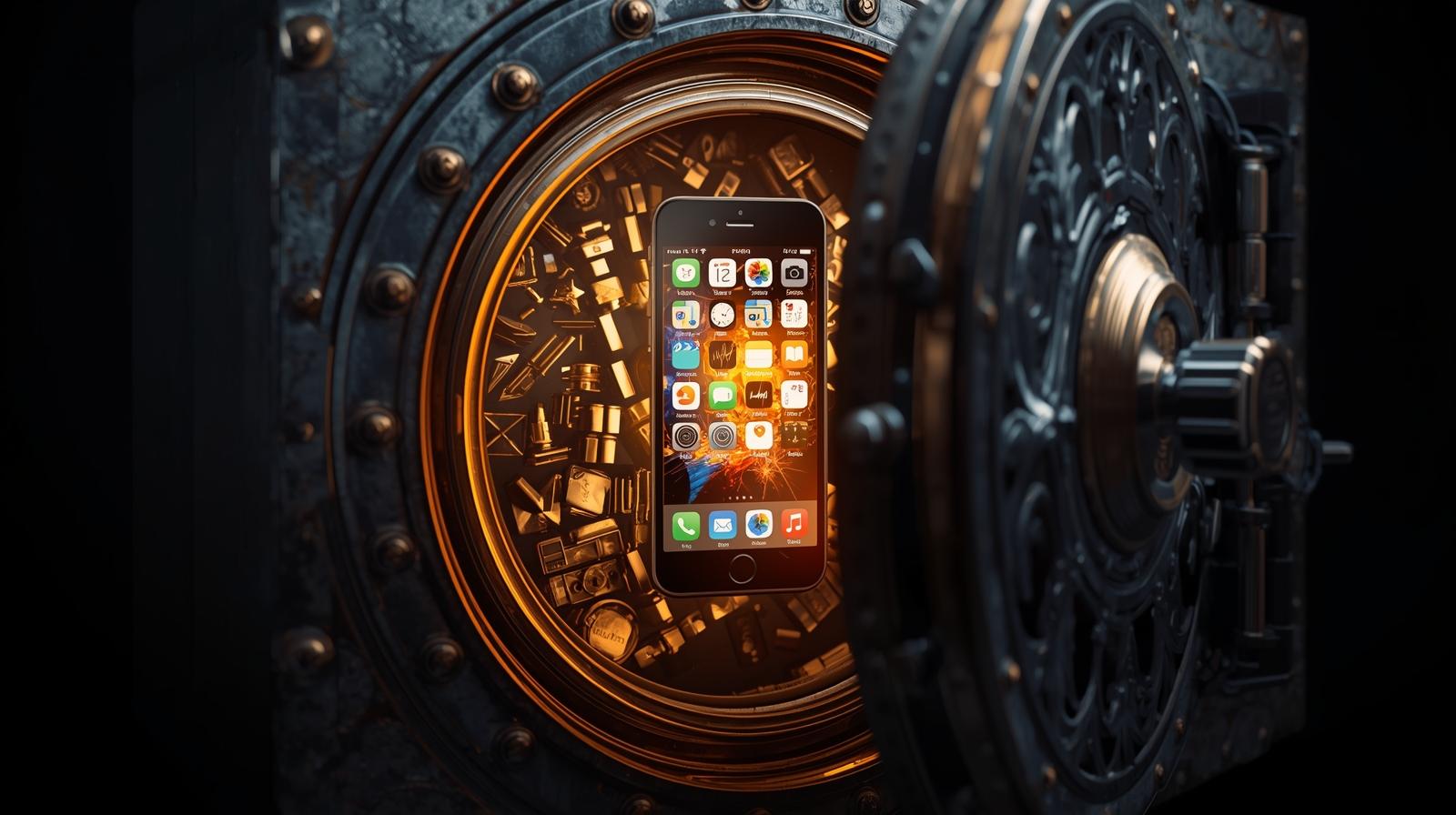 Un smartphone s'ouvrant comme un vieux coffre-fort en métal. À l'intérieur, au lieu de lingots d'or, on voit des icônes de réseaux sociaux, des photos, des e-mails, etc.