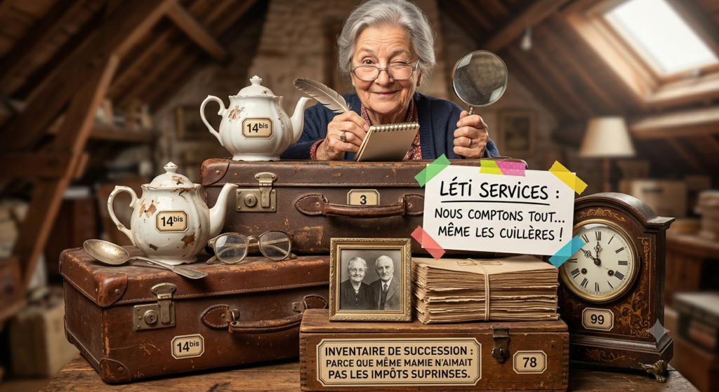 Une dame âgée souriante fait un clin d'œil dans un grenier vintage, entourée de valises, théières et horloges. Elle tient un bloc-notes et une loupe. Une note indique : « Léti Services : Nous comptons tout... même les cuillères !