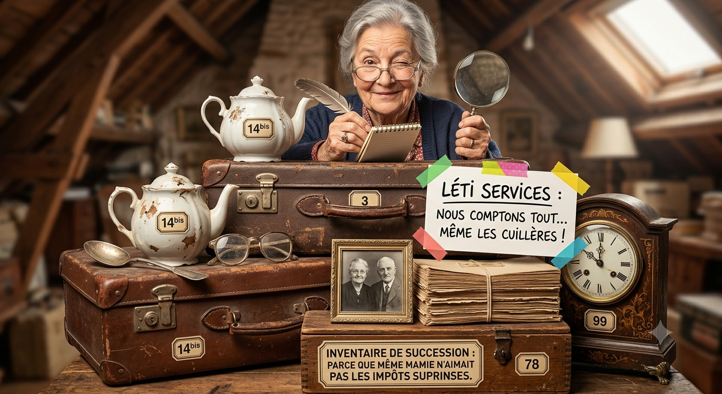 Une dame âgée souriante fait un clin d'œil dans un grenier vintage, entourée de valises, théières et horloges. Elle tient un bloc-notes et une loupe. Une note indique : « Léti Services : Nous comptons tout... même les cuillères !